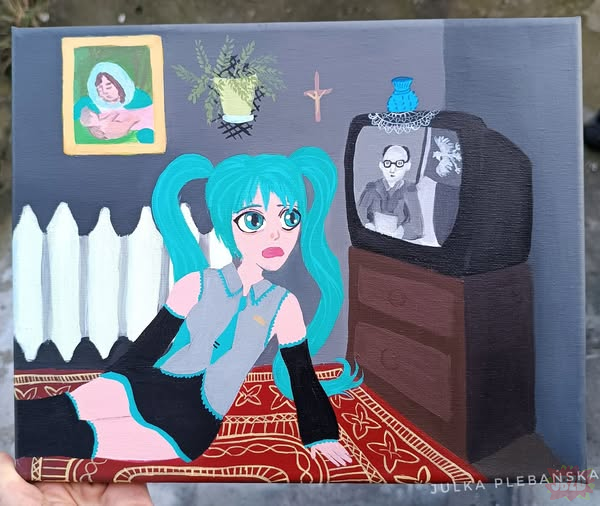 Hatsune Miku oglądająca wprowadzenie stanu wojennego w Polsce 13 grudnia 1981 25x30 akryl>