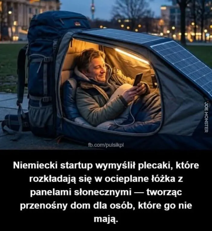 fb.com/pulsikpl Niemiecki startup wymyślił plecaki, które rozkładają się w ocieplane łóżka z panelami słonecznymi — tworząc przenośny dom dla osób, które go nie mają.