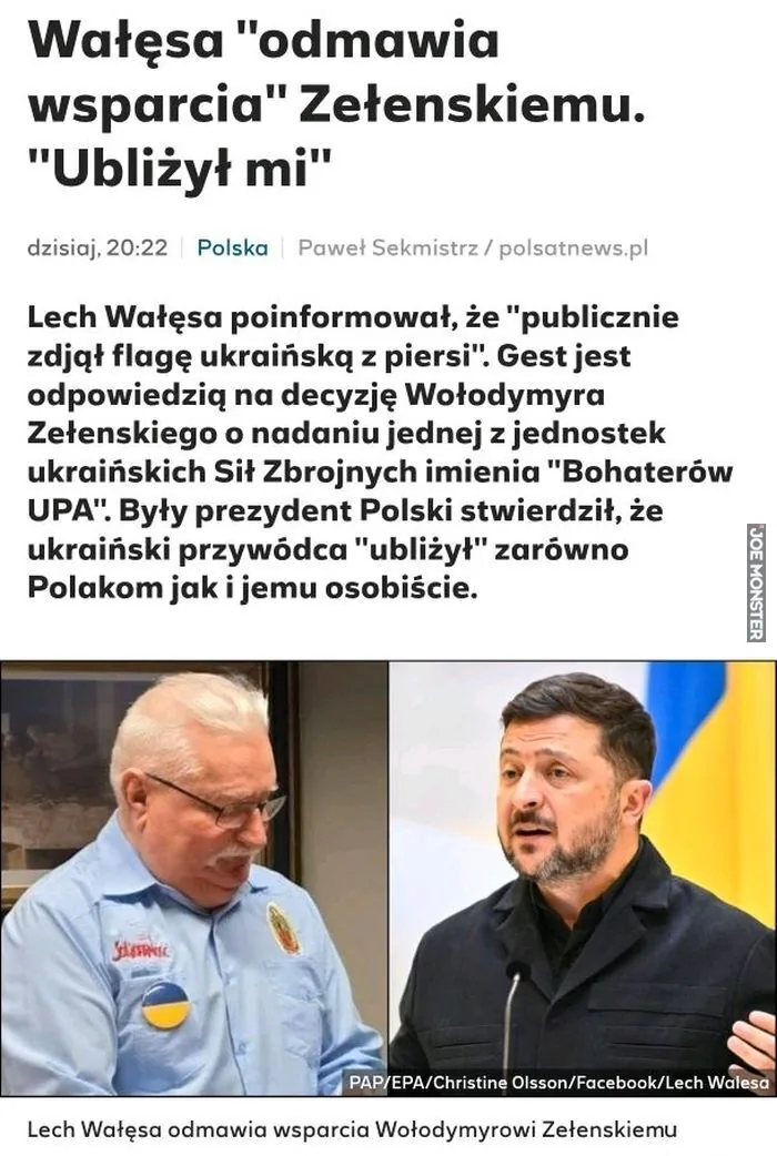 Wałęsa "odmawia wsparcia" Zełenskiemu. "Ublizył mi"
dzisiaj, 20:22 Polska Paweł Sekmistrz / polsatnews.pl
Lech Wałęsa poinformował, że "publicznie zdjął flagę ukraińską z piersi". Gest jest odpowiedzią na decyzję Wołodymyra Zełenskiego 
