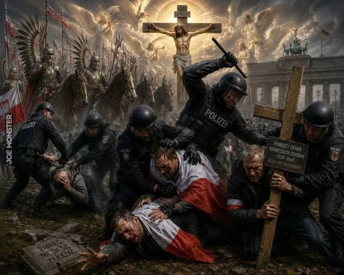 INRI POLIZEI PAMIĘCI OFIAR NIEMIECKICH ZBRODNI 1939-1945 NIGDY NIE ZAPOMNIMY PAMIĘĆ NIE DA SIĘ ZAKAZAĆ