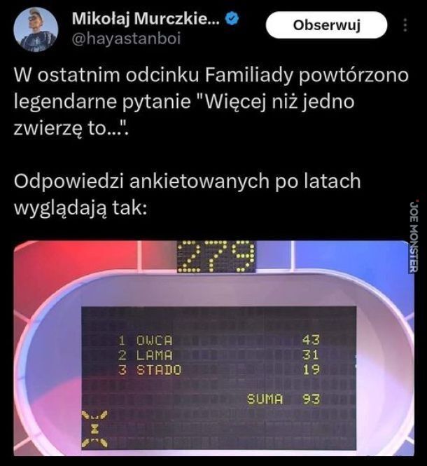 Mikołaj Murczkie...
@hayastanboi
W ostatnim odcinku Familiady powtórzono
legendarne pytanie "Więcej niż jedno
zwierzę to...".
Odpowiedzi ankietowanych po latach
wyglądają tak:
1 OWCA
2 LAMA
3 STADO>