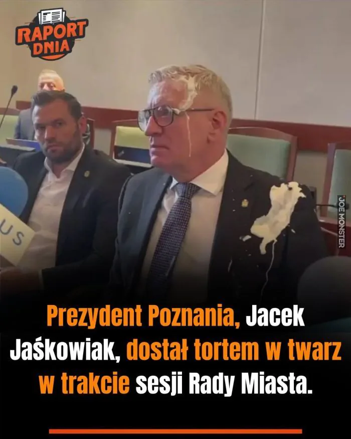 RAPORT DNIA
Prezydent Poznania, Jacek Jaśkowiak, dostał tortem w twarz w trakcie sesji Rady Miasta.