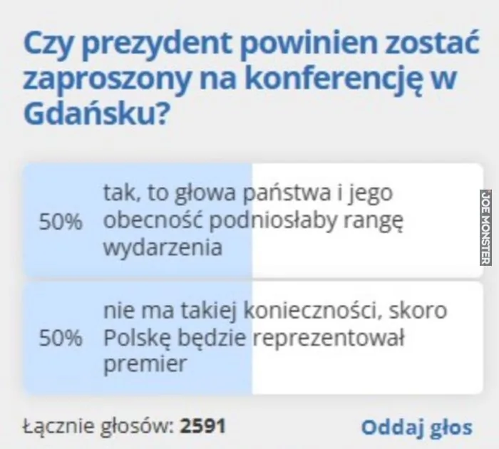 Czy prezydent powinien zostać zaproszony na konferencję w Gdańsku? 50% tak, to głowa państwa i jego obecność podniosłaby rangę wydarzenia 50% nie ma takiej konieczności, skoro Polskę będzie reprezentował premier Łącznie głosów: 2591 Oddaj 