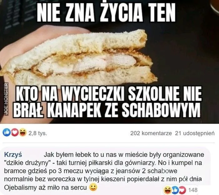 NIE ZNA ŻYCIA TEN KTO NA WYCIECZKI SZKOLNE NIE BRAŁ KANAPEK ZE SCHABOWYM