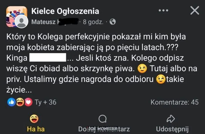 Kielce Ogłoszenia
Mateusz H
8 godz.
Który to Kolega perfekcyjnie pokazał mi kim była moja kobieta zabierając ją po pięciu latach.??? Kinga ... Jeśli ktoś zna. Kolego odpisz wiszę Ci obiad albo skrzynkę piwa. Tutaj albo na priv. Ustalimy gdzie