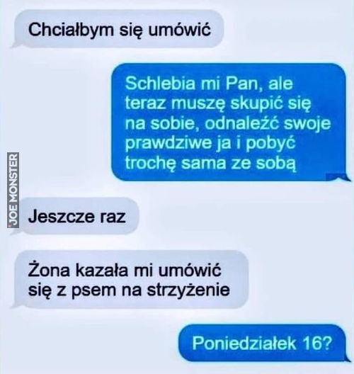 Chciałbym się umówić
Jeszcze raz
Schlebia mi Pan, ale
teraz muszę skupić się
na sobie, odnaleźć swoje
prawdziwe ja i pobyć
trochę sama ze sobą
Żona kazała mi umówić
się z psem na strzyżenie
Poniedziałek 16?>