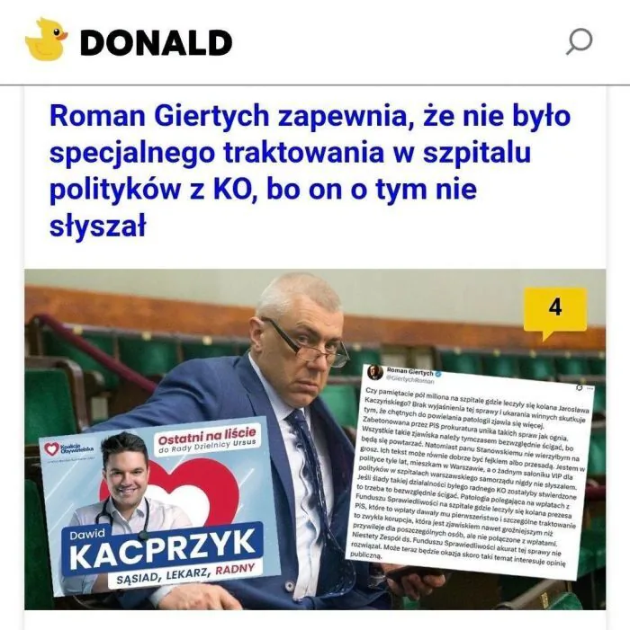 DONALD Roman Giertych zapewnia, że nie było specjalnego traktowania w szpitalu polityków z KO, bo on o tym nie słyszał Ostatni na liście do Rady Dzielnicy Ursus Dawid KACPRZYK SĄSIAD, LEKARZ, RADNY Roman Giertych @GiertychRoman Czy pamiętacie pół