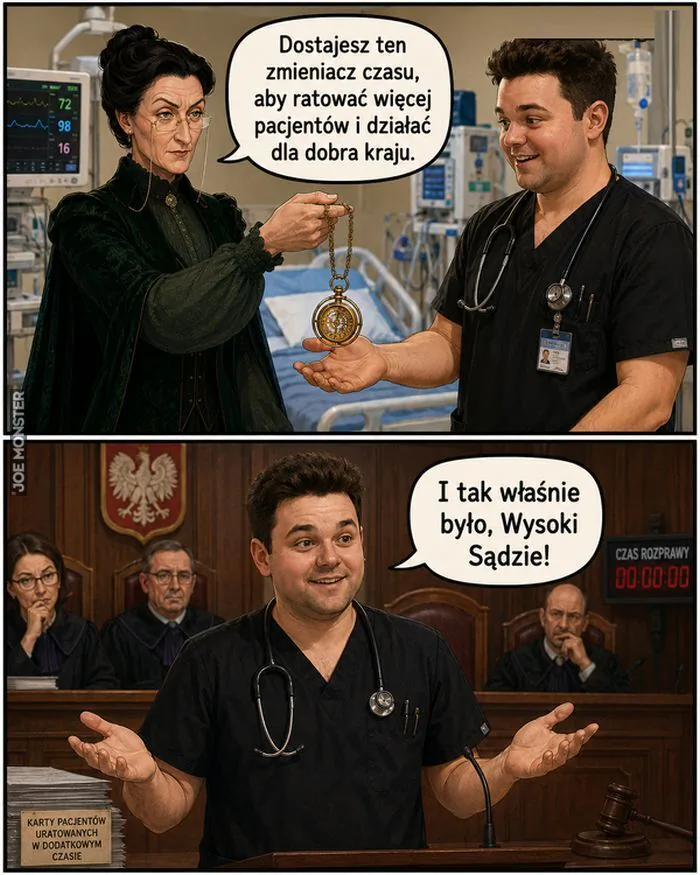 Dostajesz ten zmieniacz czasu, aby ratować więcej pacjentów i działać dla dobra kraju. I tak właśnie było, Wysoki Sądzie! CZAS ROZPRAWA 00:00:00 KARTY PACJENTÓW URATOWANYCH W DODATKOWYM CZASIE