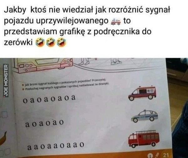 Jakby ktoś nie wiedział jak rozróżnić sygnał
pojazdu uprzywilejowanego to
przedstawiam grafikę z podręcznika do
zerówki
Jak brzmi sygnał każdego z pokazanych pojazdów? Przeczytaj.
Posłuchaj nagranych sygnałów i spróbuj naśladować te >