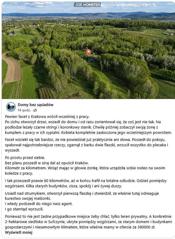 Domy bez sąsiadów
14 godz.
Pewien facet z Krakowa wrócił wcześniej z pracy.
Po cichu otworzył drzwi, wszedł do domu i od razu zorientował się, że coś jest nie tak. Na podłodze leżały czarne stringi i koronkowy stanik. Chwilę później zob