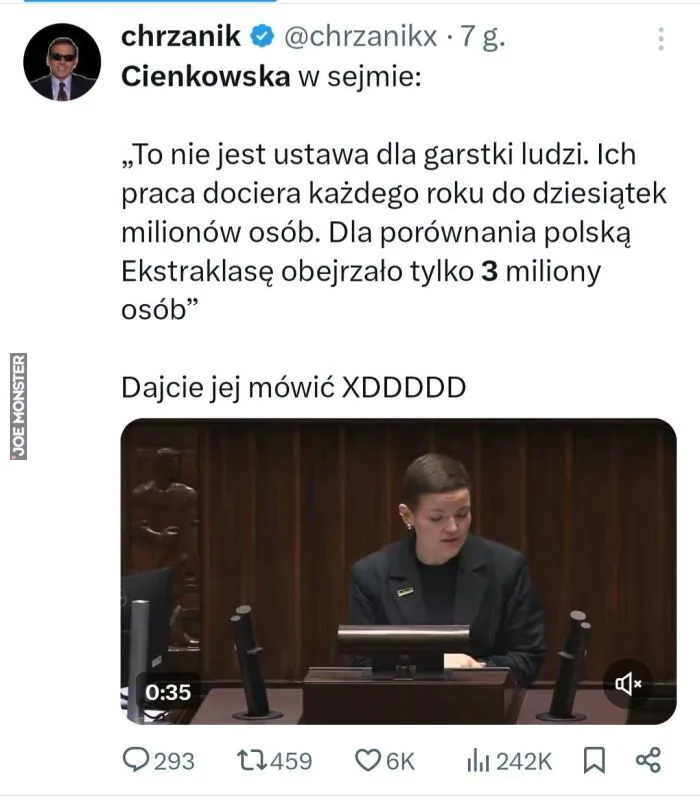 Cienkowska w sejmie:
„To nie jest ustawa dla garstki ludzi. Ich praca dociera każdego roku do dziesiątek milionów osób. Dla porównania polską Ekstraklasę obejrzało tylko 3 miliony osób”
Dajcie jej mówić