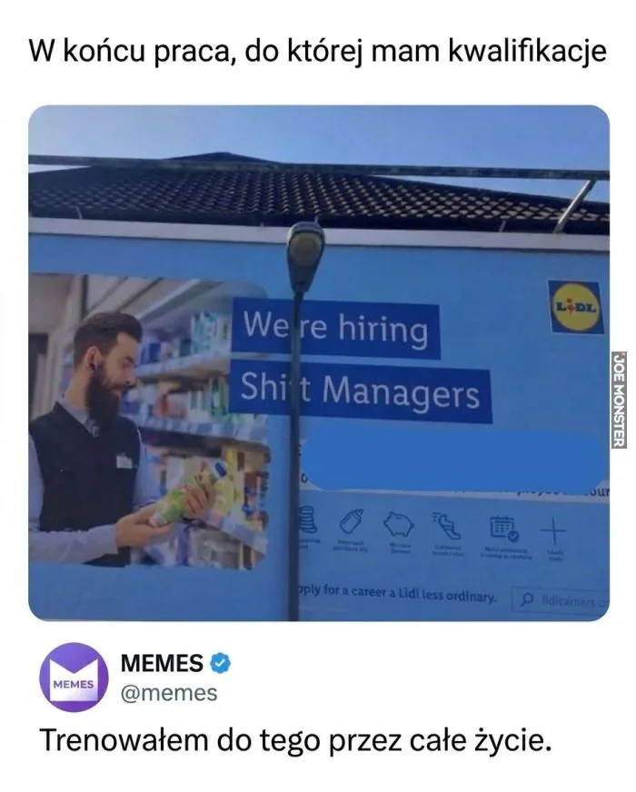 W końcu praca, do której mam kwalifikacje
LIDL
We're hiring (Zatrudniamy)
Shit Managers (Kierownicy Gówna)
pply for a career a Lidl less ordinary. (Aplikuj o karierę w Lidl, trochę mniej zwyczajną.)
lidlcareers.co
MEMES
@memes
Trenowałem do 