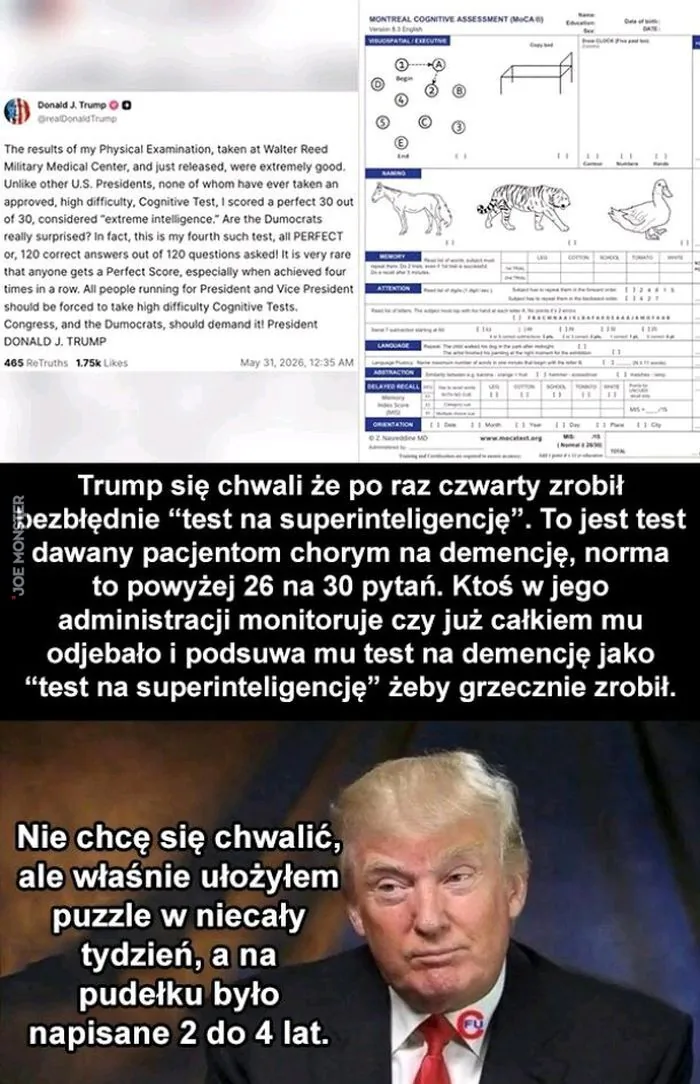 Donald J. Trump @realDonaldTrump
The results of my Physical Examination, taken at Walter Reed Military Medical Center, and just released, were extremely good. Unlike other U.S. Presidents, none of whom have ever taken an approved, high difficulty, Cogniti