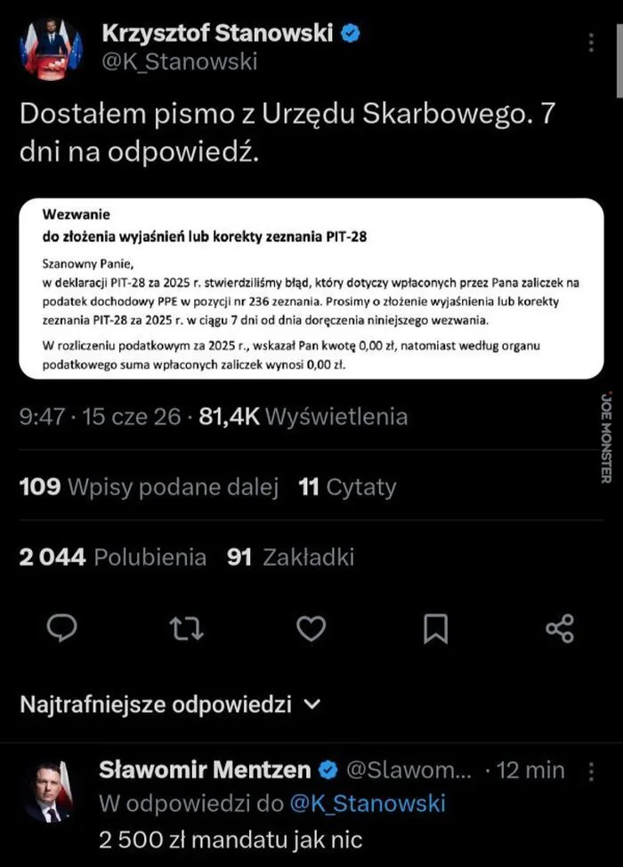Krzysztof Stanowski @K_Stanowski Dostałem pismo z Urzędu Skarbowego. 7 dni na odpowiedź. Wezwanie do złożenia wyjaśnień lub korekty zeznania PIT-28 Szanowny Panie, w deklaracji PIT-28 za 2025 r. stwierdziliśmy błąd, który dotyczy wpłaconych prz