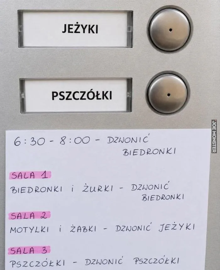 JEŻYKI
PSZCZÓŁKI
6:30 - 8:00 - DZWONIĆ BIEDRONKI
SALA 1
BIEDRONKI i ŻURKI - DZWONIĆ BIEDRONKI
SALA 2
MOTYLKI i ŻABKI - DZWONIĆ JEŻYKI
SALA 3
PSZCZÓŁKI - DZWONIĆ PSZCZÓŁKI