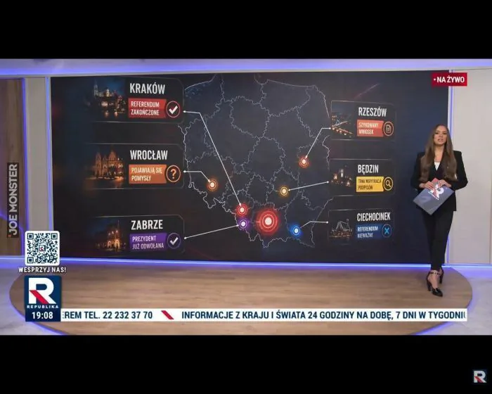NA ŻYWO
KRAKÓW
REFERENDUM ZAKOŃCZONE
RZESZÓW
SZYKOWANY WNIOSEK
WROCŁAW
POJAWIAJĄ SIĘ POMYSŁY
BĘDZIN
TRWA WERYFIKACJA PODPISÓW
ZABRZE
PREZYDENT JUŻ ODWOŁANA
CIECHOCINEK
REFERENDUM NIEWAŻNE
WESPRZYJ NAS!
REPUBLIKA
19:08
REM TEL. 