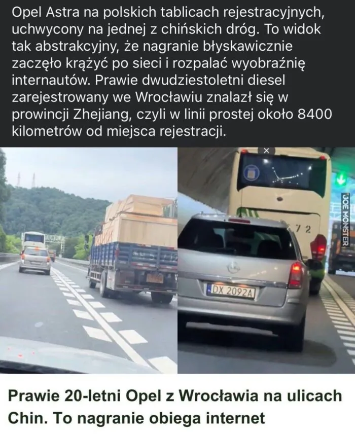 Opel Astra na polskich tablicach rejestracyjnych, uchwycony na jednej z chińskich dróg. To widok tak abstrakcyjny, że nagranie błyskawicznie zaczęło krążyć po sieci i rozpalać wyobraźnię internautów. Prawie dwudziestoletni diesel zarejestrowan