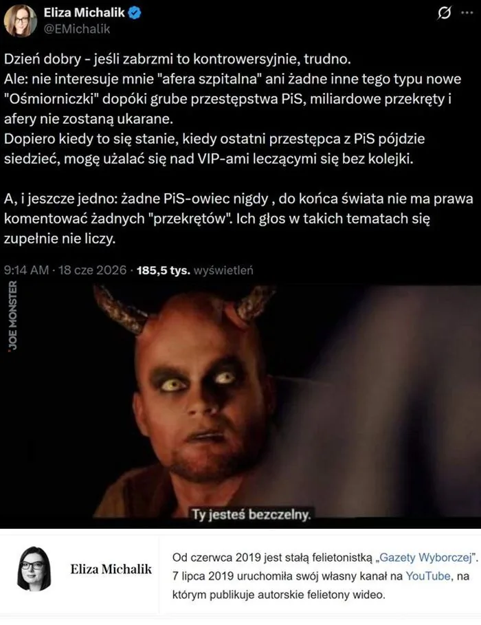Eliza Michalik
@EMichalik
Dzień dobry - jeśli zabrzmi to kontrowersyjnie, trudno. Ale: nie interesuje mnie "afera szpitalna" ani żadne inne tego typu nowe "Ośmiorniczki" dopóki grube przestępstwa PiS, miliardowe przekręty i afery nie zostaną ukar