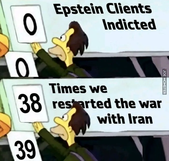 Klienci Epsteina oskarżeni: 0
Ile razy wznowiliśmy wojnę z Iranem: 38