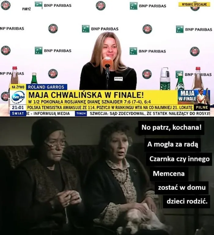 BNP PARIBAS PARYŻ WYDANIE SPECJALNE NA ŻYWO ROLAND GARROS Maja Chwalińska w Finale! W 1/2 pokonała Rosjankę Dianę Sznajder 7:6 (7-4), 6:4. 21:01 POLSKA TENISISTKA AWANSUJE ZE 114. POZYCJI W RANKINGU WTA NA CO NAJMNIEJ 21. LOKATĘ. PILNE. ŚWIAT E - I