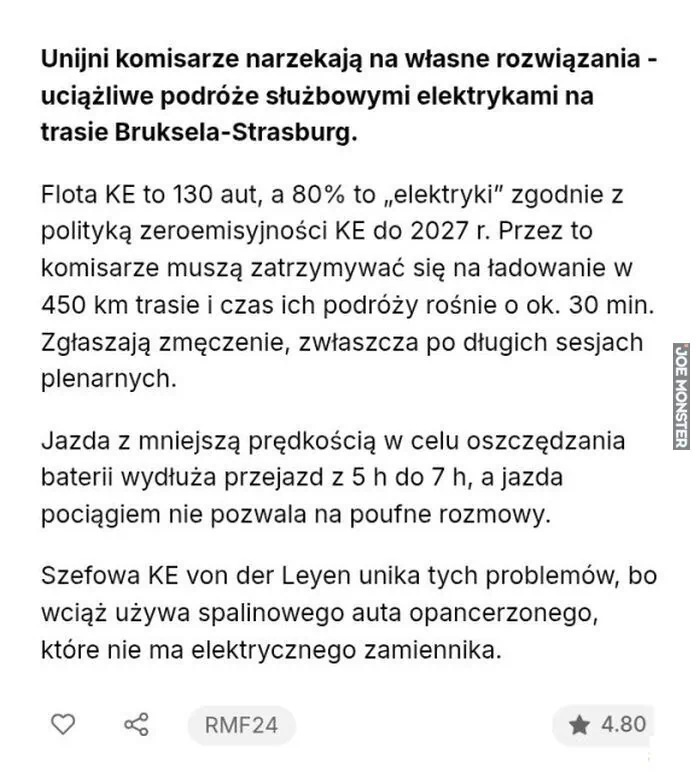 Unijni komisarze narzekają na własne rozwiązania - uciążliwe podróże służbowymi elektrykami na trasie Bruksela-Strasburg.

Flota KE to 130 aut, a 80% to „elektryki" zgodnie z polityką zeroemisyjności KE do 2027 r. Przez to komisarze muszą z