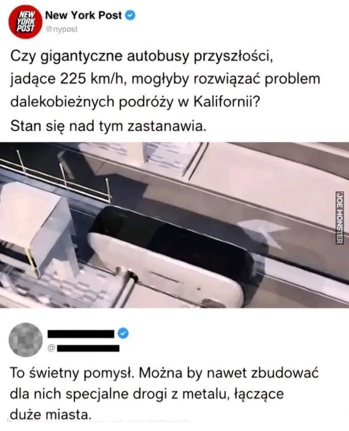 NEW YORK POST New York Post @nypost Czy gigantyczne autobusy przyszłości, jadące 225 km/h, mogłyby rozwiązać problem dalekobieżnych podróży w Kalifornii? Stan się nad tym zastanawia. To świetny pomysł. Można by nawet zbudować dla nich specjal