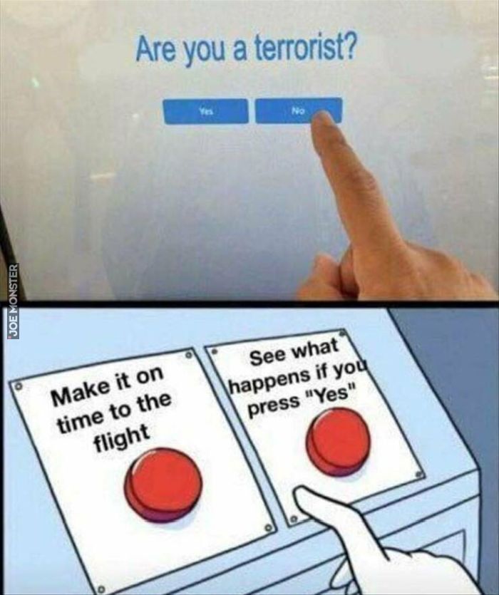 Make it on
time to the
flight
Are you a terrorist?
Yes
No
See what
happens if you
press "Yes">