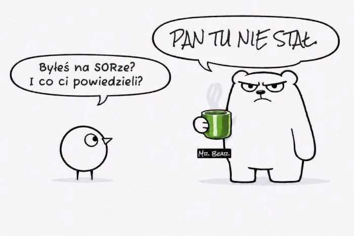 Byłeś na SORze? I co ci powiedzieli?
PAN TU NIE STAŁ.
MR BEAR (tłumaczenie: PAN NIEDŹWIEDŹ)