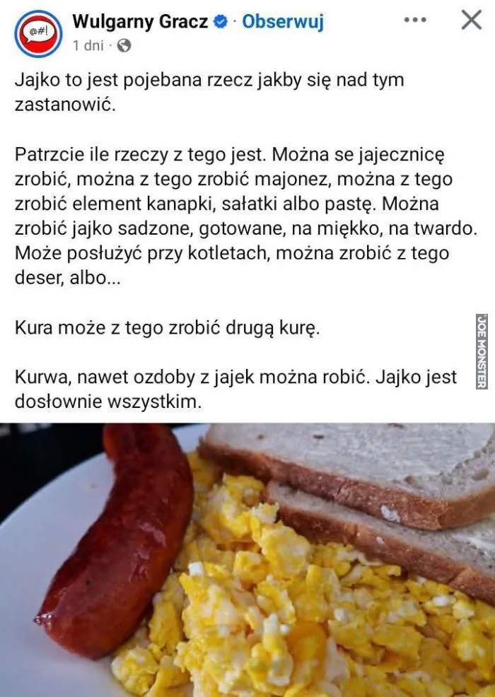 Jajko to jest pojebana rzecz jakby się nad tym zastanowić.
Patrzcie ile rzeczy z tego jest. Można se jajecznicę zrobić, można z tego zrobić majonez, można z tego zrobić element kanapki, sałatki albo pastę. Można zrobić jajko sadzone, gotowane