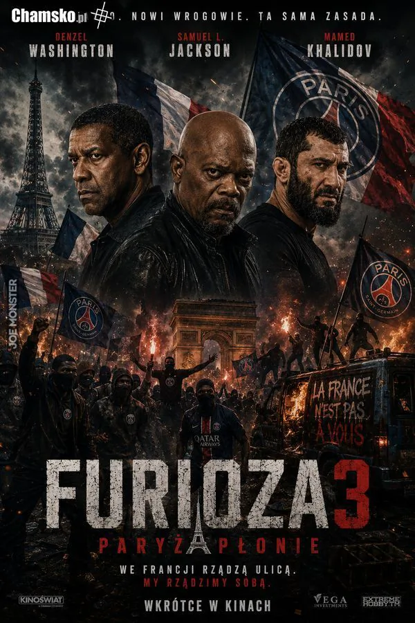 Chamsko.pl
NOWI WROGOWIE. TA SAMA ZASADA.
DENZEL WASHINGTON
SAMUEL L. JACKSON
MAMED KHALIDOV
PARIS SAINT-GERMAIN (widoczne na flagach i stroju)
LA FRANCE N'EST PAS À VOUS (Francja nie jest wasza)
QATAR AIRWAYS
FURIOZA 3
PARYŻ ZAPŁONIE
WE FRANC