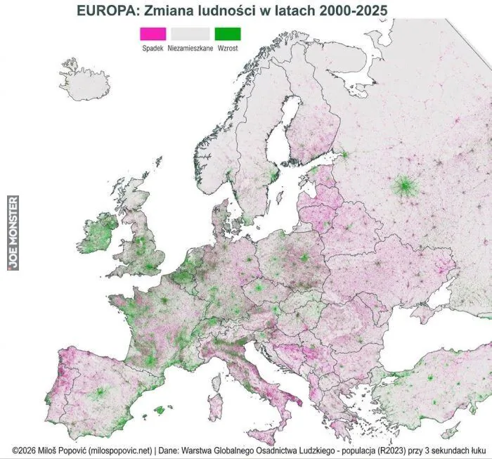 EUROPA: Zmiana ludności w latach 2000-2025
Spadek Niezamieszkane Wzrost
©2026 Miloš Popović (milospopovic.net) | Dane: Warstwa Globalnego Osadnictwa Ludzkiego - populacja (R2023) przy 3 sekundach łuku