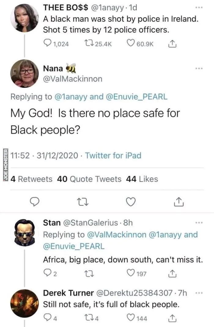 THEE BO$$$ @1anayy · 1d
A black man was shot by police in Ireland. Shot 5 times by 12 police officers.
Tłumaczenie: Czarnoskóry mężczyzna został postrzelony przez policję w Irlandii. Postrzelony 5 razy przez 12 policjantów.

Nana 🐝 @ValMacki